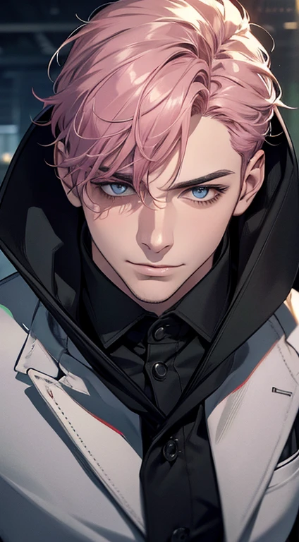 (best quality,4k,8k,highres,masterpiece:1.2),ultra-detailed,(realistic,photorealistic,photo-realistic:1.37),1 man,31 years old,mature man,very handsome,without expression,smile,short pink hair,blue eyes,penetrating gaze,perfect face without errors,imposing posture,businessman,office background,cinematic lighting,hdr image