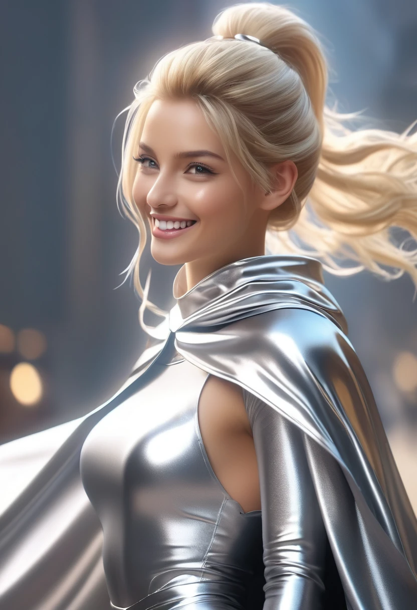 (RAW photo, best quality, masterpiece, ultra-detailed, high res), (realistic),(extremely delicate and beautiful:1), mesmerizing woman with long blonde hair in sleek high ponytail , (((wearing glossy silver cloak fastened at the neck :1.20))), crop top and hotpants , detailed features, smiling expression of feelings, imaginative, highly detailed, extremely high-resolution details, photographic, realism pushed to extreme, fine texture, 4k, ultra-detailed, high quality, high contrast, full body shot