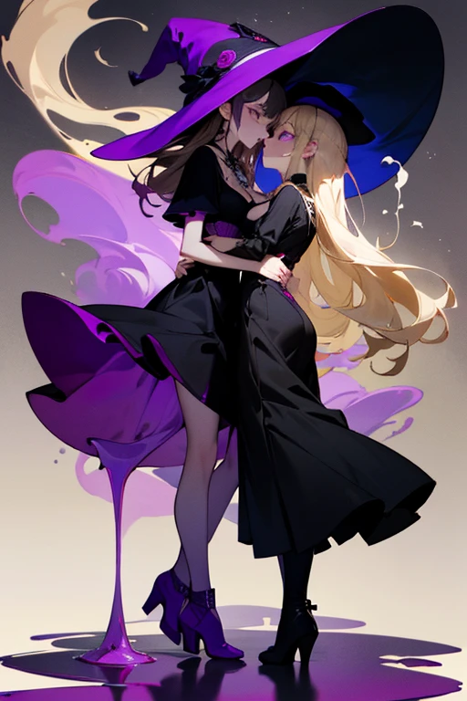 2 girls kissing each other, 1 girl Long straight black hair, slim, soft expressive olive green eyes, purity, witch, pale, tatoo, breasts big, Waist slender, look 20 years old, melancholic, black and purple clothes, long fingernails, full body image, scimitar in hands, purple tones, 1 girl long, light blonde hair, slim, expressive purple eyes, well designed hands, purity, witch, pale, breasts big, Waist slender, looks 20 years old, melancholy, long nails, full body image, She standing holding a cauldron with glowing smoke, purple toness, wearing many jewelry, Legs long, tight black dress, High Heeled Boots