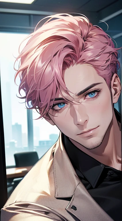 (best quality,4k,8k,highres,masterpiece:1.2),ultra-detailed,(realistic,photorealistic,photo-realistic:1.37),1 man,31 years old,mature man,very handsome,without expression,smile,short  pink hair,blue eyes,penetrating gaze,perfect face without errors,imposing posture,businessman,office background,cinematic lighting,hdr image