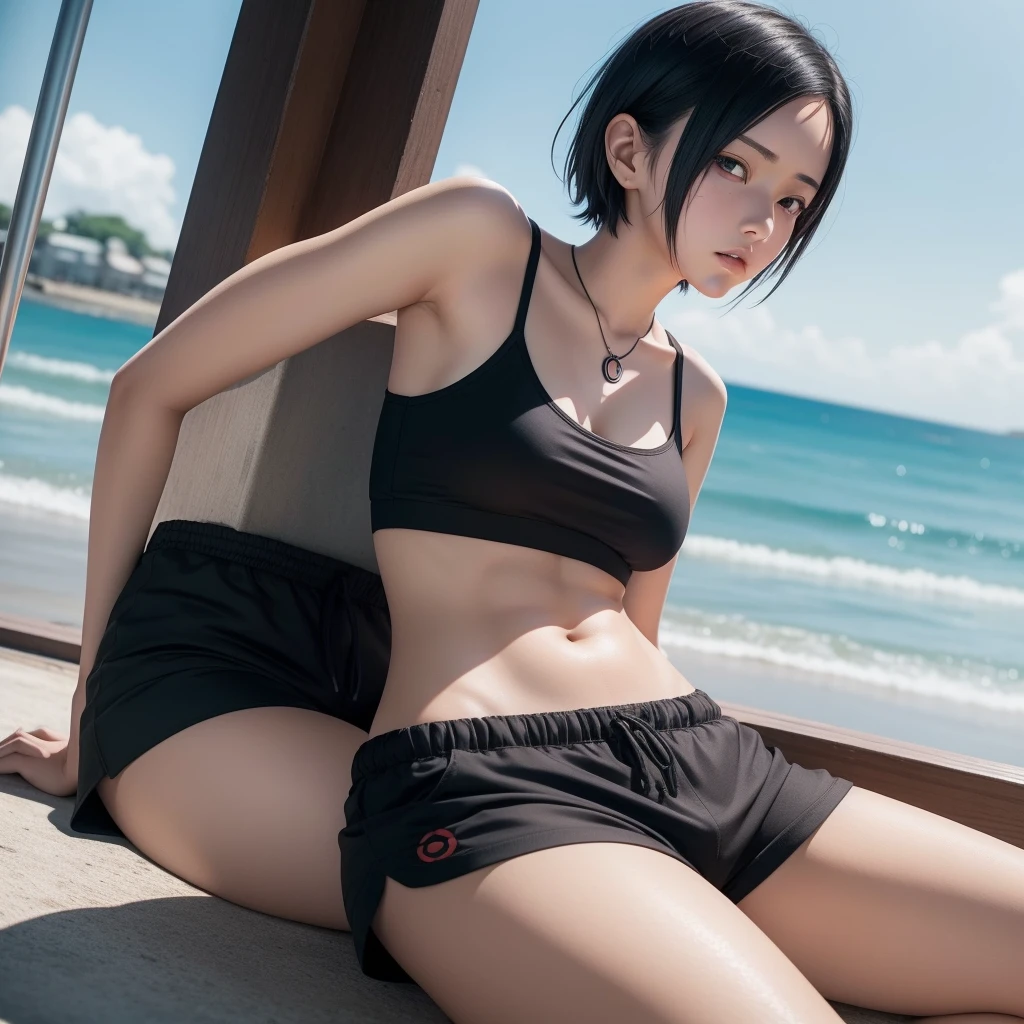 1 girl, From below, Sitting, Beautiful Uchiha Salad, 18-year-old, cup, Black thighs, Shorts, short hair, Small breasts, black eye, Small hips, Capture anime screen, Sarada is 18-year-old, summer, hot, Sweating, Angry, Seaside