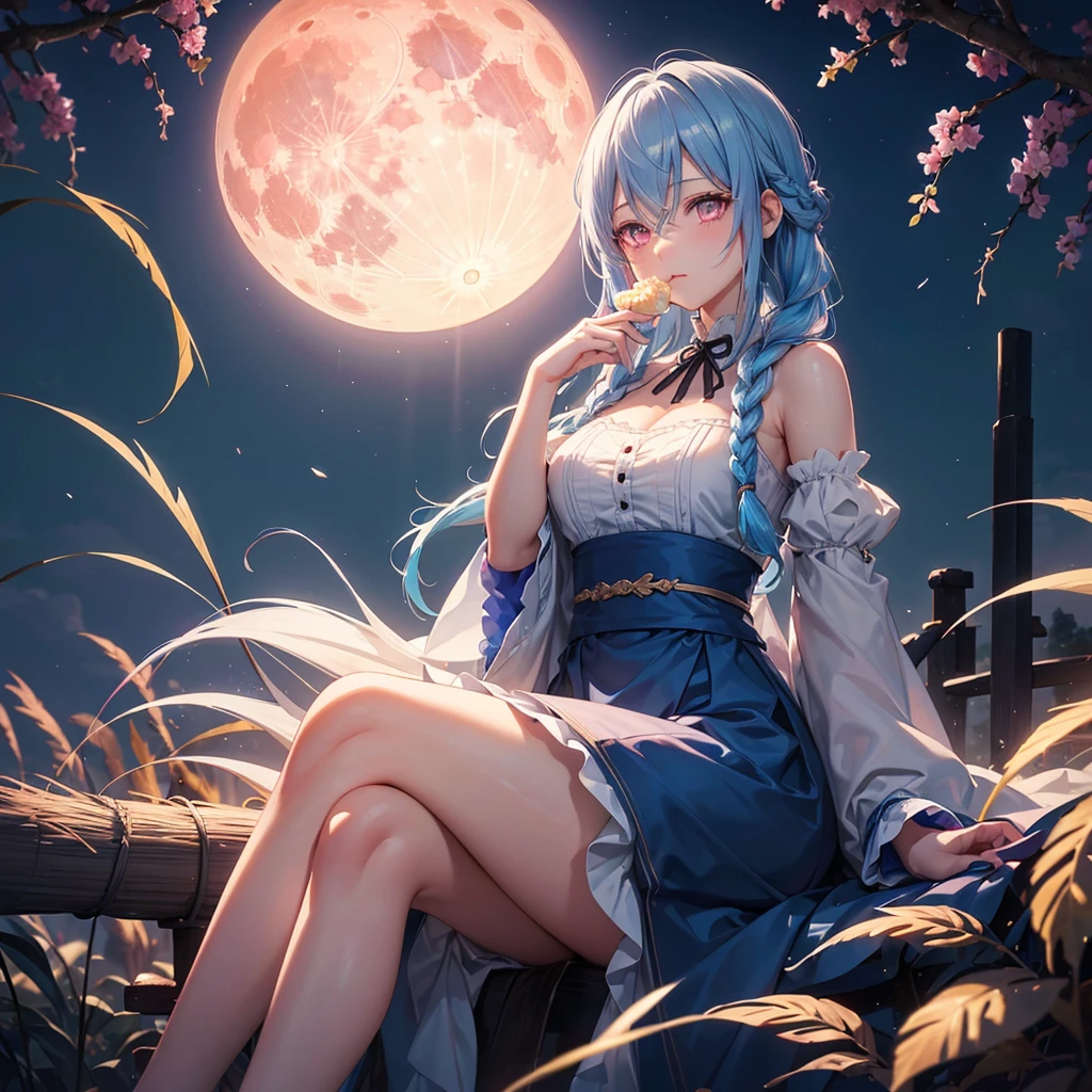 Sky blue hair, (Braided medium hair), (Pink eyes),Fair skin) ,(whole body),(One Girl),(harvest moon),(A large amount of Miscanthus sinensis in the background),(full moon),(masterpiece, Highest quality, Very detailed, Best Shadow), (Detailed Background), (Beautifully detailed face), High Contrast, (Best lighting, Very delicate and beautiful), ((Cinematic Light)), Hyper Detail,8k, Dramatic Light, Intricate details,(Sitting down to eat white rice dumplings),