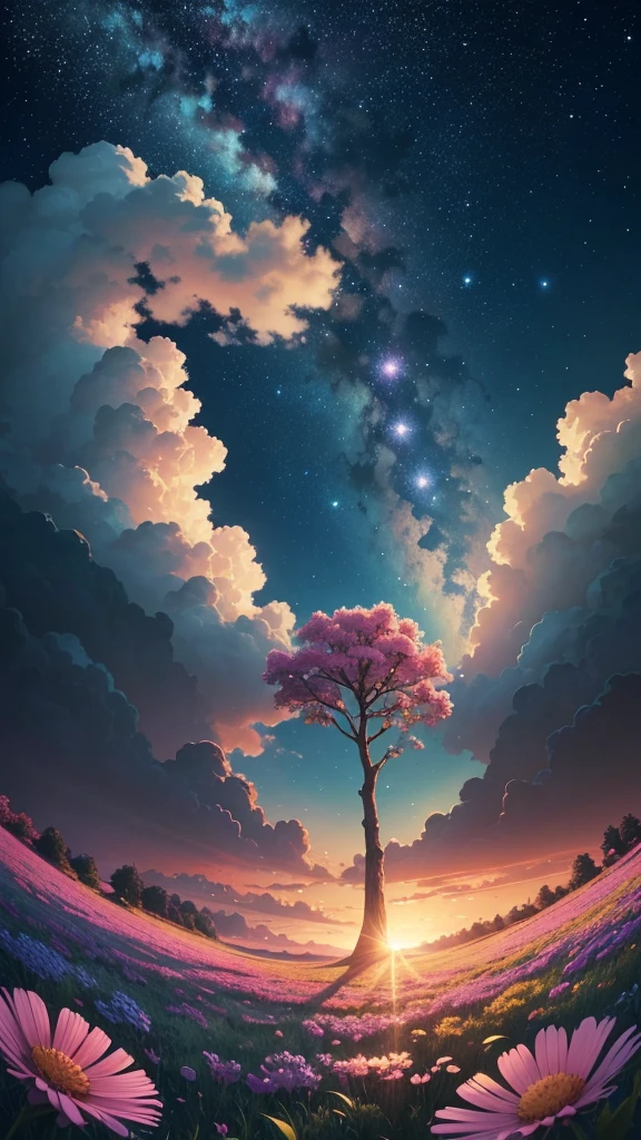Viral anime nature wallpaper in 4K quality, in the style of Pixar 3D inspired by Toy Story, showcasing a lush meadow filled with colorful wildflowers, a clear blue sky with fluffy clouds, and a single majestic tree standing in the middle; bright and cheerful color temperature, cosmos lighting with stars twinkling in the sky, no human characters, the atmosphere is whimsical and joyful –v 5 –stylize 1000