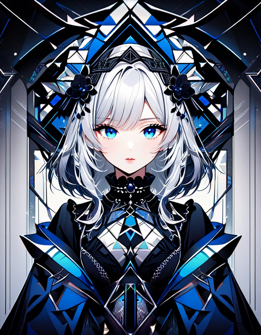 (digital art:0.5),(geometric art:1.7),(top-quality),(masterpiece),Delicately drawn face,girl with a pretty face,beautiful detailed blue eyes,Gothic Lolita Fashion,((Black and white costume)),(Beautiful silky silver hair:1.2),black ribbon hair ornament,Film Lighting,abstract,a beautiful artistic illustration,geometric background