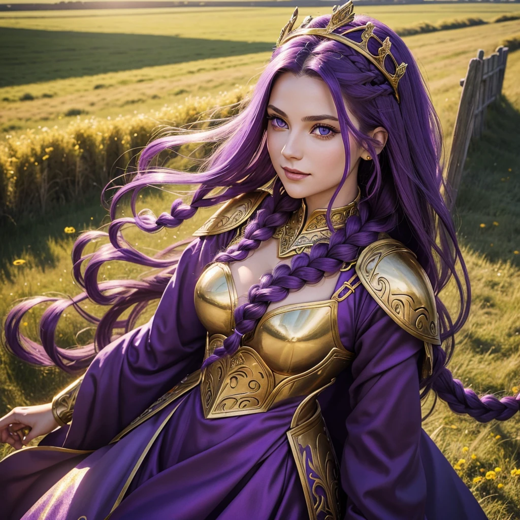 Beautiful Caucasian woman. Just a woman. Alone. One character. Queen. Medieval western woman. Long hair with 1 braid. Purple hair. Bright purple eyes. Warrior woman. She is wearing shiny gold armor with several purple details. On her head the woman has a delicate gold crown with purple jewels. The woman has a cheerful expression. Looking straight ahead. Front portrait. She is standing in a large field during a sunny day. Dynamic light. Dynamic shadows.