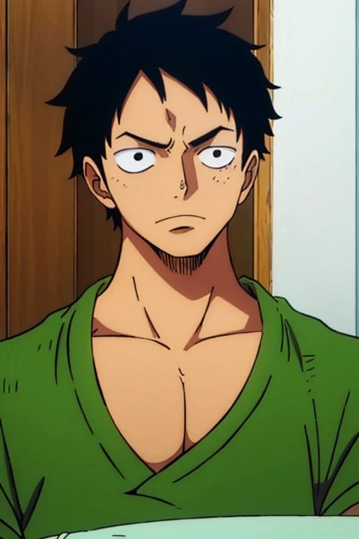 A boy with black hair, he has dark circles on his face and wears a green sweater, he is very handsome, his eyes have dark circles