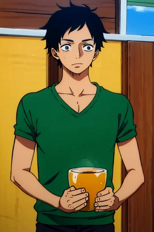 A boy with black hair, he has dark circles on his face and wears a green sweater, he is very handsome, his eyes have dark circles
