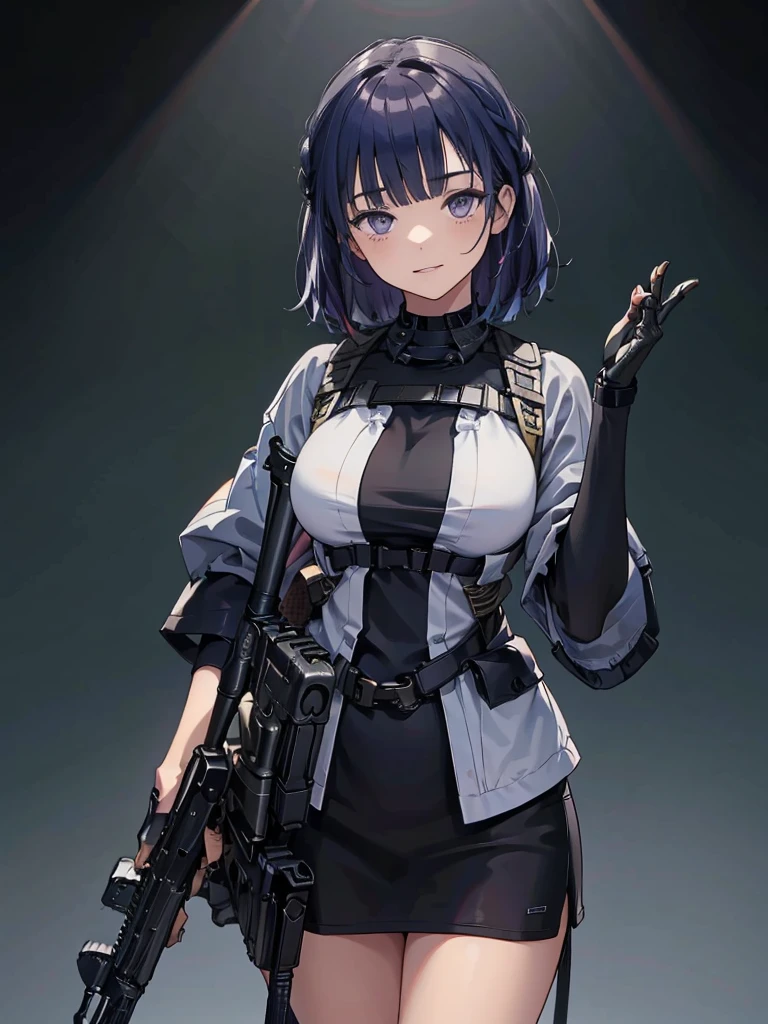 holding_gun, RPK-16, Carry a sniper rifle on your back,Shooting guns, Hair is blue, In the spotlight, The background is a dark and desolate landscape, Horror movie atmosphere. Her figure is very beautiful, Emphasizing the dark and crazy elements. Skillfully expressing the effects of light and shadow, detailed, The face and expression of the black costume are also carefully drawn.....,(Tilt your head:1.2), ([sketch|watercolor \(Moderate\)]:1.15),Chaotic abstract background, Vector Trace, Gradient blending and whole body, Artistic elements add depth to the work. The overall atmosphere is creepy and nightmarish....., With a unique artistic touch. This movie is、The dark and crazy world of horror movies depicted in HD., Evoke visual stimuli and aesthetic sense,((masterpiece_Portraiture)),(beautiful girl),(Pixiv),(Fantasy)