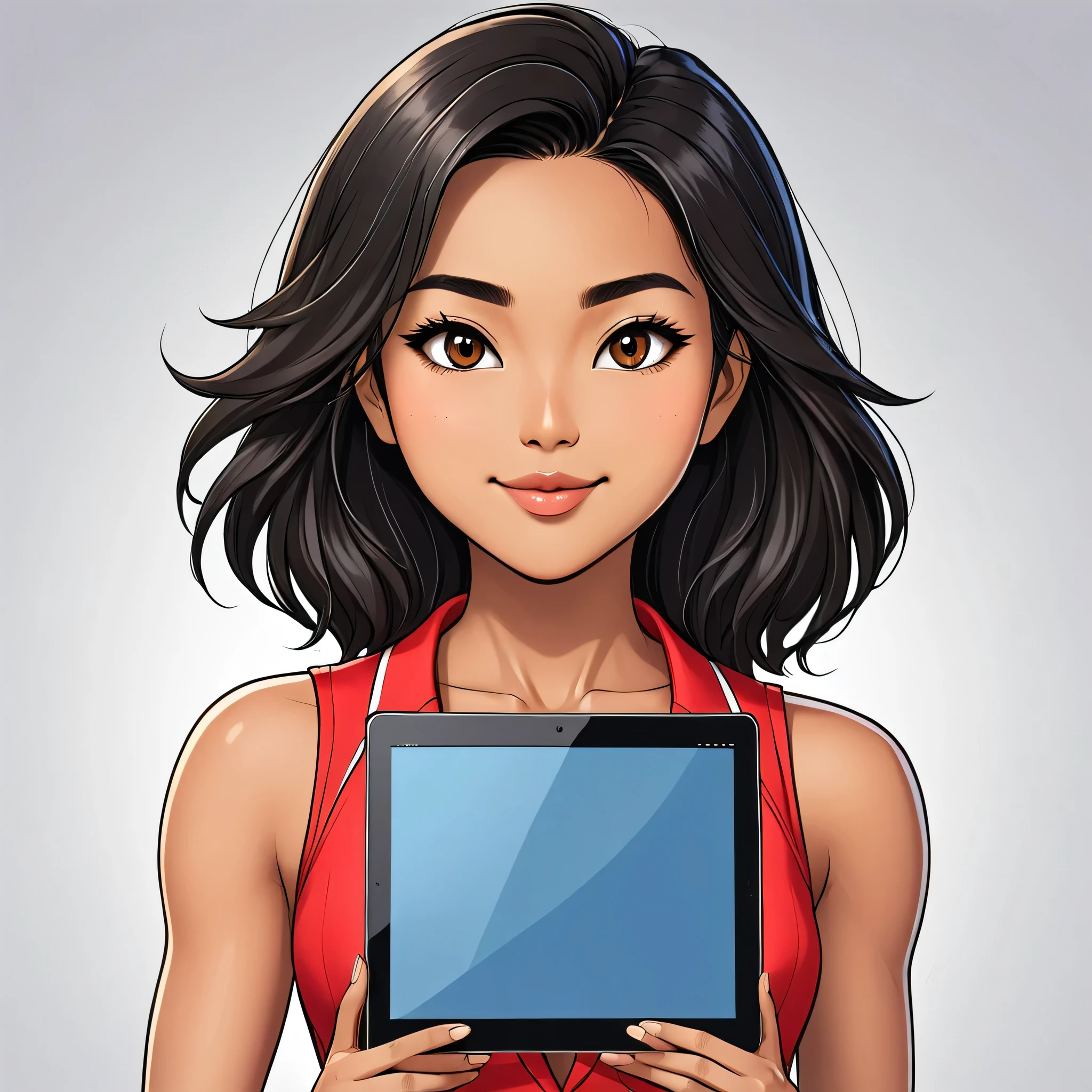 cartoon, vector illustration, no gradient, solid color fill, a beautiful indonesian girl, solo, (1girl:1.9), Long straight Black Hair, Brown Eyes, Almond shaped Eyes, Heart shaped Face, Roman Nose, Olive Skin, detailed skin, no makeup, natural look, imperfect skin, (tall figure:1.2), (athletic fit-muscled body:1.2), defined abs, 8k, highly detailed, soft light, (white background:1.2), full smile, (red business suit:1.5), (showing a big tablet screen:1.9), full body view