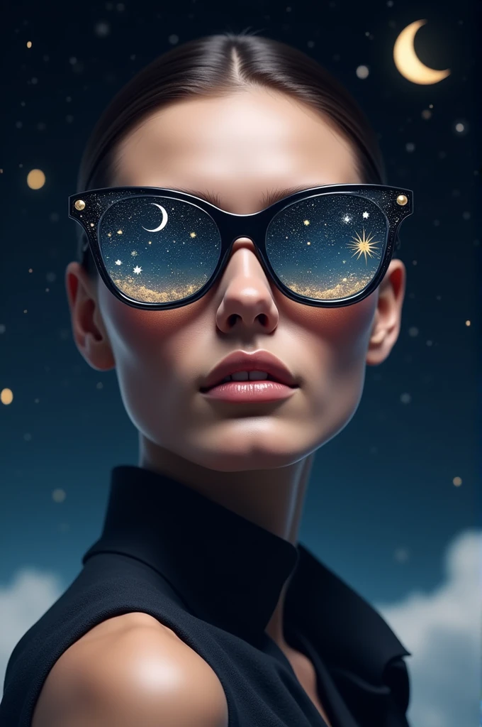 Model wearing glass sunglasses,There are stars and moon on the glass