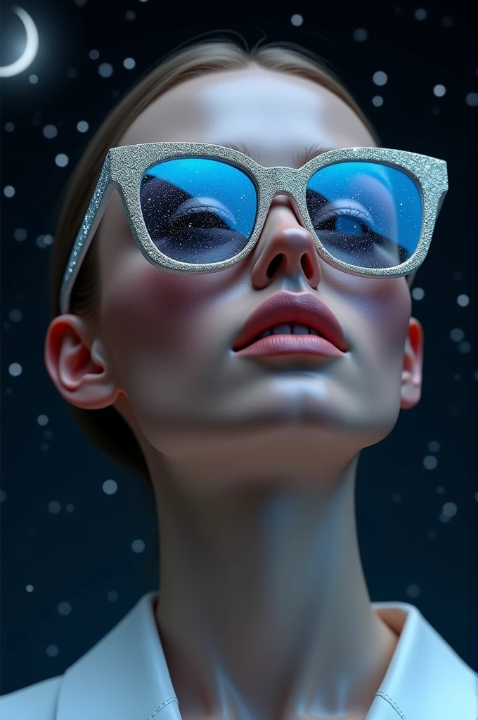 Model wearing glass sunglasses,There are stars and moon on the glass