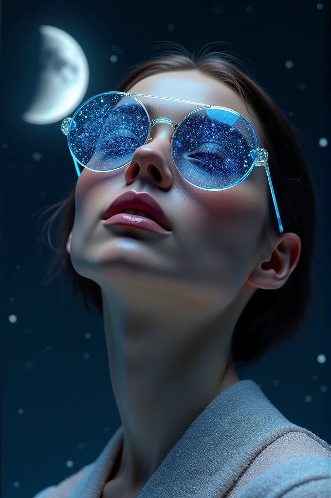 Model wearing glass sunglasses,There are stars and moon on the glass