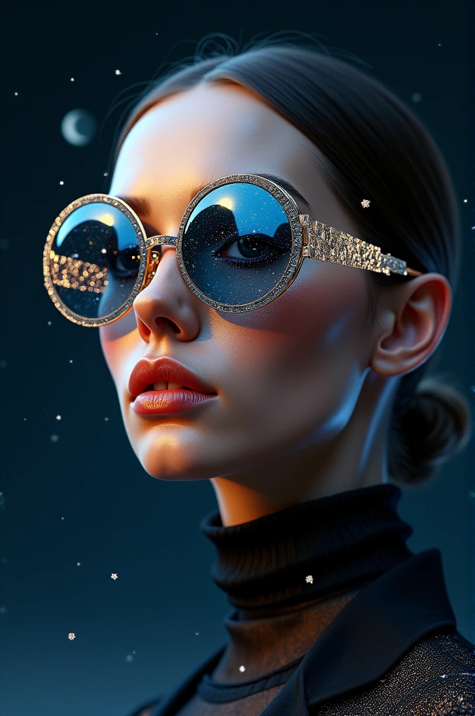 Model wearing glass sunglasses,There are stars and moon on the glass