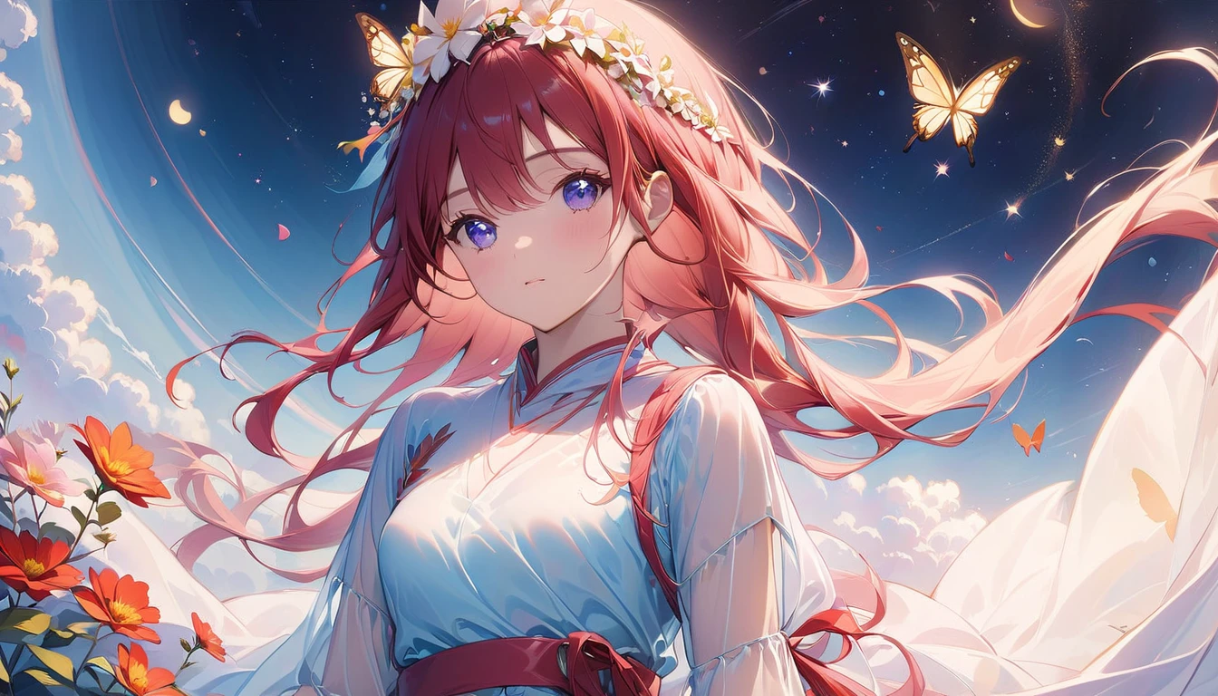 In the foreground is a dreamer., Transparent white chiffon accentuates lines and minimalist style; The background features a flowing flower crown.., butterfly, and small celestial bodies, Uses an abstract sci-fi style Moranti color scheme