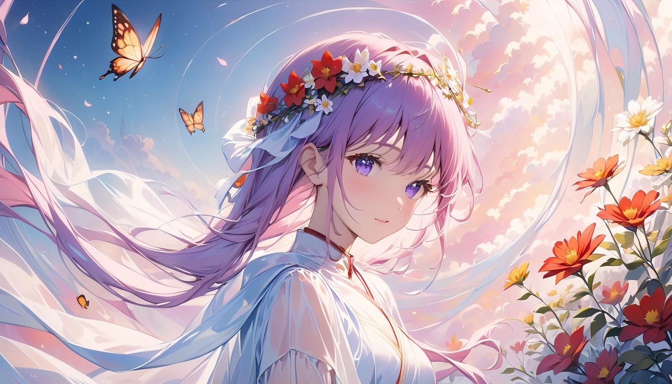 In the foreground is a dreamer., Transparent white chiffon accentuates lines and minimalist style; The background features a flowing flower crown.., butterfly, and small celestial bodies, Uses an abstract sci-fi style Moranti color scheme