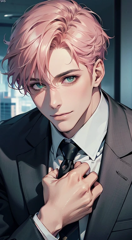 (Highest quality,4K,8K,High resolution,masterpiece:1.2),Super detailed,(Realistic,photoRealistic,photo-Realistic:1.37),1 person,31 years old,Mature Men,Beautiful skin、very handsome,Expressionless smile in love,Short pink hair,green eyes,Sharp Eyes,A perfect face without a doubt,Businessman,Office Background,Cinema Lighting,HDR image,tie、