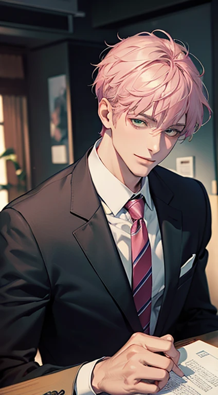 (Highest quality,4K,8K,High resolution,masterpiece:1.2),Super detailed,(Realistic,photoRealistic,photo-Realistic:1.37),1 person,31 years old,Mature Men,Beautiful skin、very handsome,Expressionless smile in love,Short pink hair,green eyes,Sharp Eyes,A perfect face without a doubt,Businessman,Office Background,Cinema Lighting,HDR image,tie、