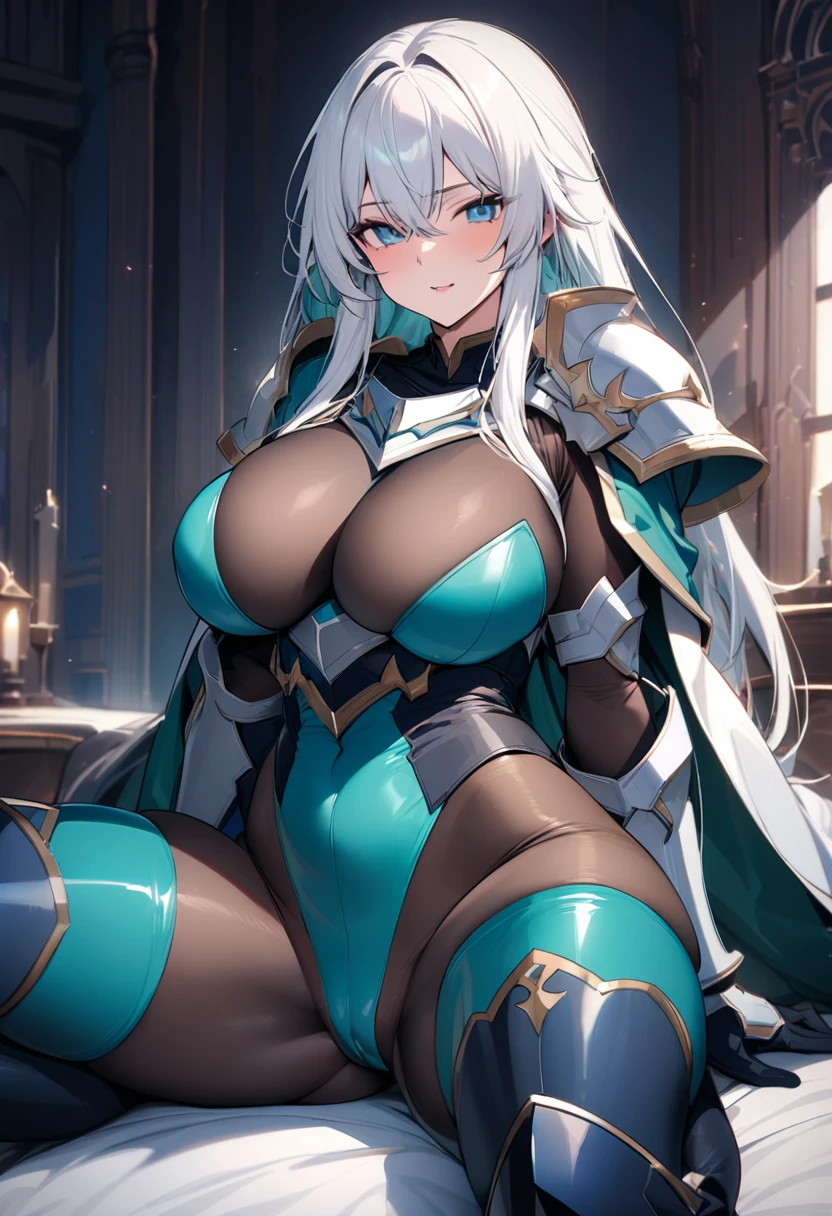 ((highest quality)), ((masterpiece)), (bed sheets), 1girl, ((curvy)), ((skindantation: 1.2)), perfect face, ((Langrisser)), ((paladin)), ((skin-tight turquoise green leotard: 1.4)), ((breastplate)), ((skin-tight black Investigator Bodystocking)), ((Armored Dress)), ((shoulder armor)), ((long coat cloak)), gauntlet, (gloves), ((white hair straight long hair)), ((large breasts)), (pantyhose thighs), (thigh-high boot), cameltoe, beautiful blue eyes, Perfect hands, perfect fingers, sit astride, spread legs,