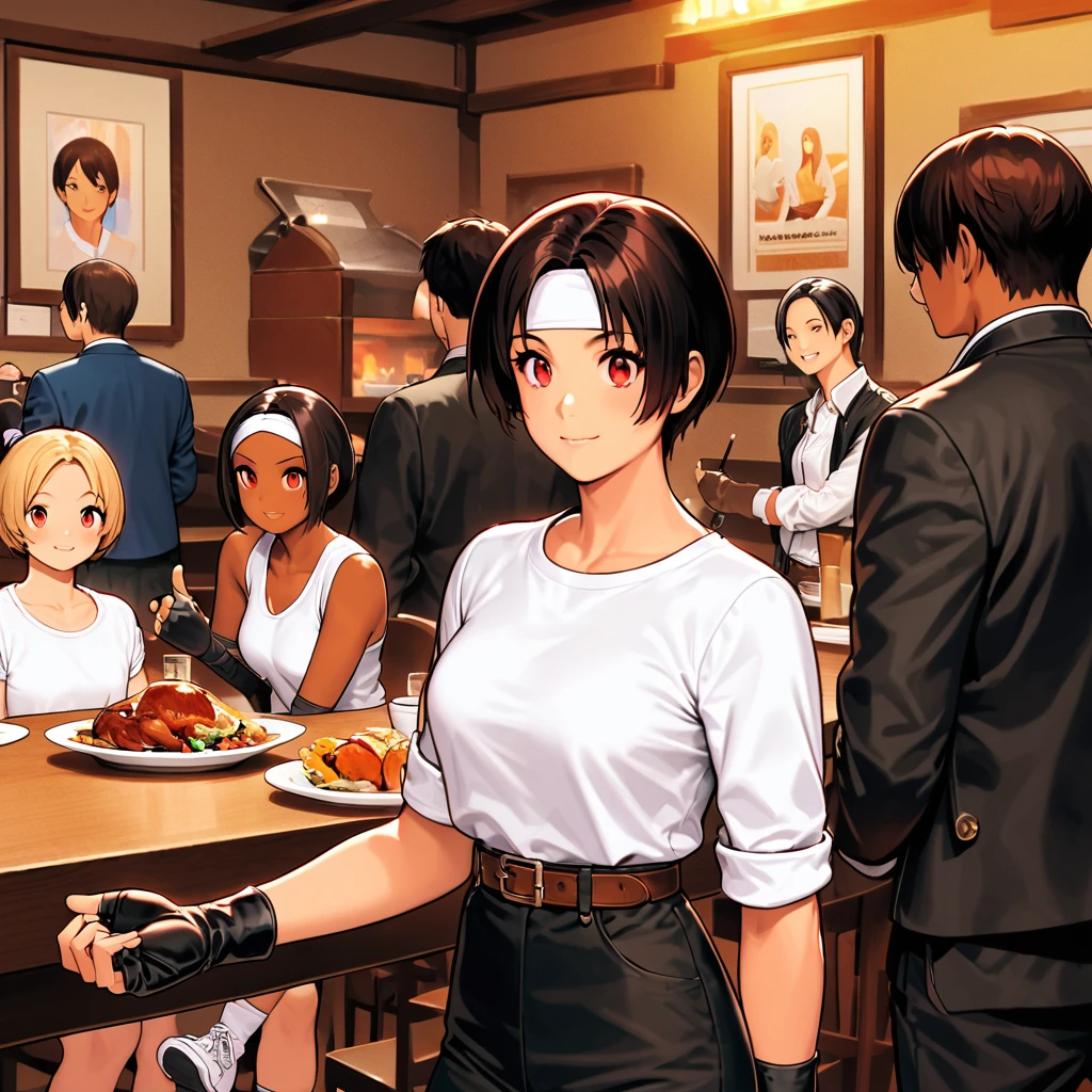 single,woman,Short Hair,Dark Skin,Red eyes,Black jacket（Roll up your sleeves）,Fingerless gloves,White T-shirt、（White headband on forehead）,Black trousers,White shoes,Brown belt,cute,Indoor person,Charming,Masterpiece,high quality,Narrow Face,Details,Confident surprise,Dining with friends at a restaurant,busy