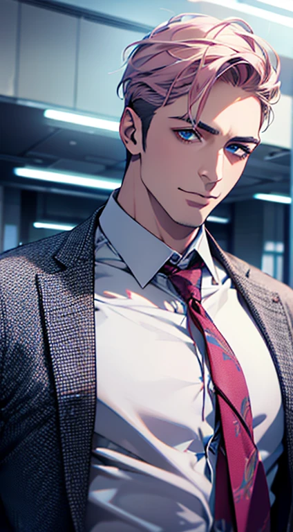 (best quality,4k,8k,highres,masterpiece:1.2),ultra-detailed,(realistic,photorealistic,photo-realistic:1.37),1 man,31 years old,mature man,very handsome,without expression,smile,short grey pink hair,blue eyes,penetrating gaze,perfect face without errors,imposing posture,businessman,office background,cinematic lighting,hdr image