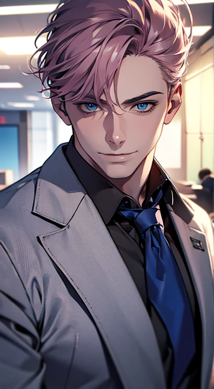 (best quality,4k,8k,highres,masterpiece:1.2),ultra-detailed,(realistic,photorealistic,photo-realistic:1.37),1 man,31 years old,mature man,very handsome,without expression,smile,short grey pink hair,blue eyes,penetrating gaze,perfect face without errors,imposing posture,businessman,office background,cinematic lighting,hdr image