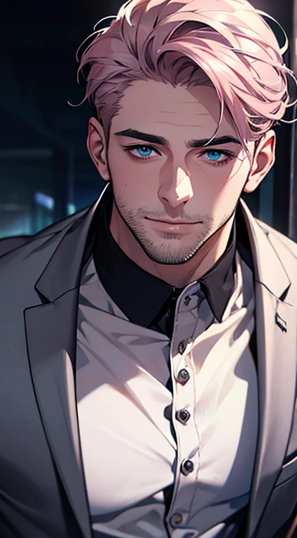 (best quality,4k,8k,highres,masterpiece:1.2),ultra-detailed,(realistic,photorealistic,photo-realistic:1.37),1 man,31 years old,mature man,very handsome,without expression,smile,short grey pink hair,blue eyes,penetrating gaze,perfect face without errors,imposing posture,businessman,office background,cinematic lighting,hdr image
