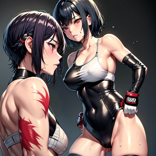 punch, punch, punch. whole body picture. two bloody beautiful Japanese female fighters are looking at each eyes. they are beating each other so hard. They are banging their punches against their opponents in the octagon ring. Blood is dripping from their nose. they are covered in scars and bruises. they are damaged terribry. Short-cut black hair, out of breath, drooling from mouth, one eye closed, exhausted, drenched in sweat. Erect nipples. open finger glove. high-leg leotard. Stockings. arm-warmers. Excellent proportion body.