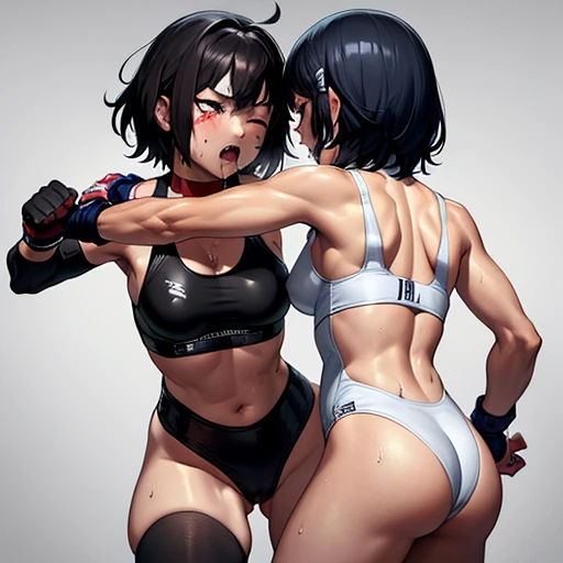 punch, punch, punch. whole body picture. two bloody beautiful Japanese female fighters are looking at each eyes. they are beating each other so hard. They are banging their punches against their opponents in the octagon ring. Blood is dripping from their nose. they are covered in scars and bruises. they are damaged terribry. Short-cut black hair, out of breath, drooling from mouth, one eye closed, exhausted, drenched in sweat. Erect nipples. open finger glove. high-leg leotard. Stockings. arm-warmers. Excellent proportion body.