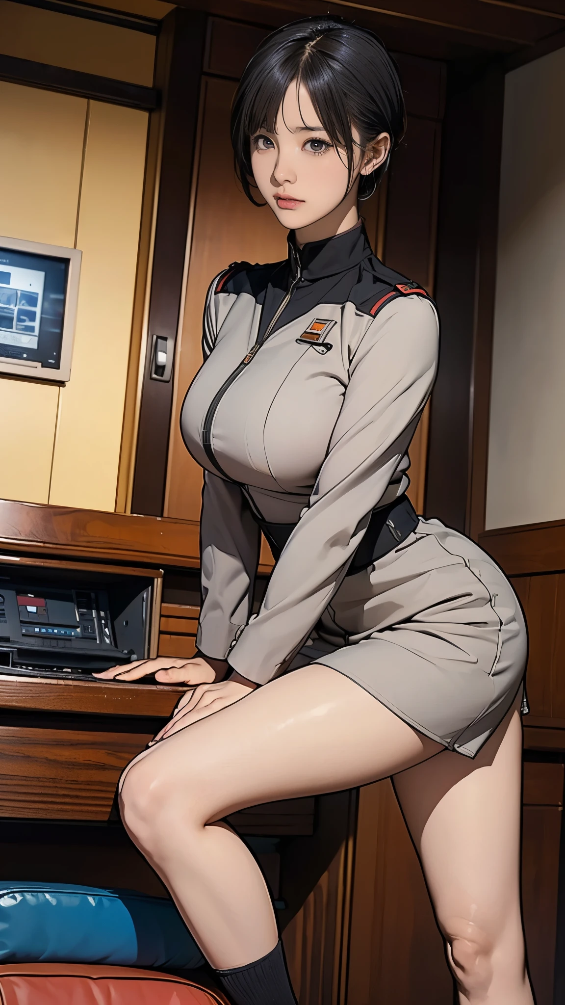 -yeld giEarth Federation Operator Girl Soldier、Black short hair、Large Breasts、Cute like an idol、Childish face and appearance、Operator intercom mounted on head、Accurately drawn faces、thin、健康的なKnee-lengthスカート風の地球連邦軍、Knee-length、Inside the bridge of a battleship、Low angle shot、Anatomically correct、Accurate Fingers、Accurate Rimbuster Piece、Photorealization