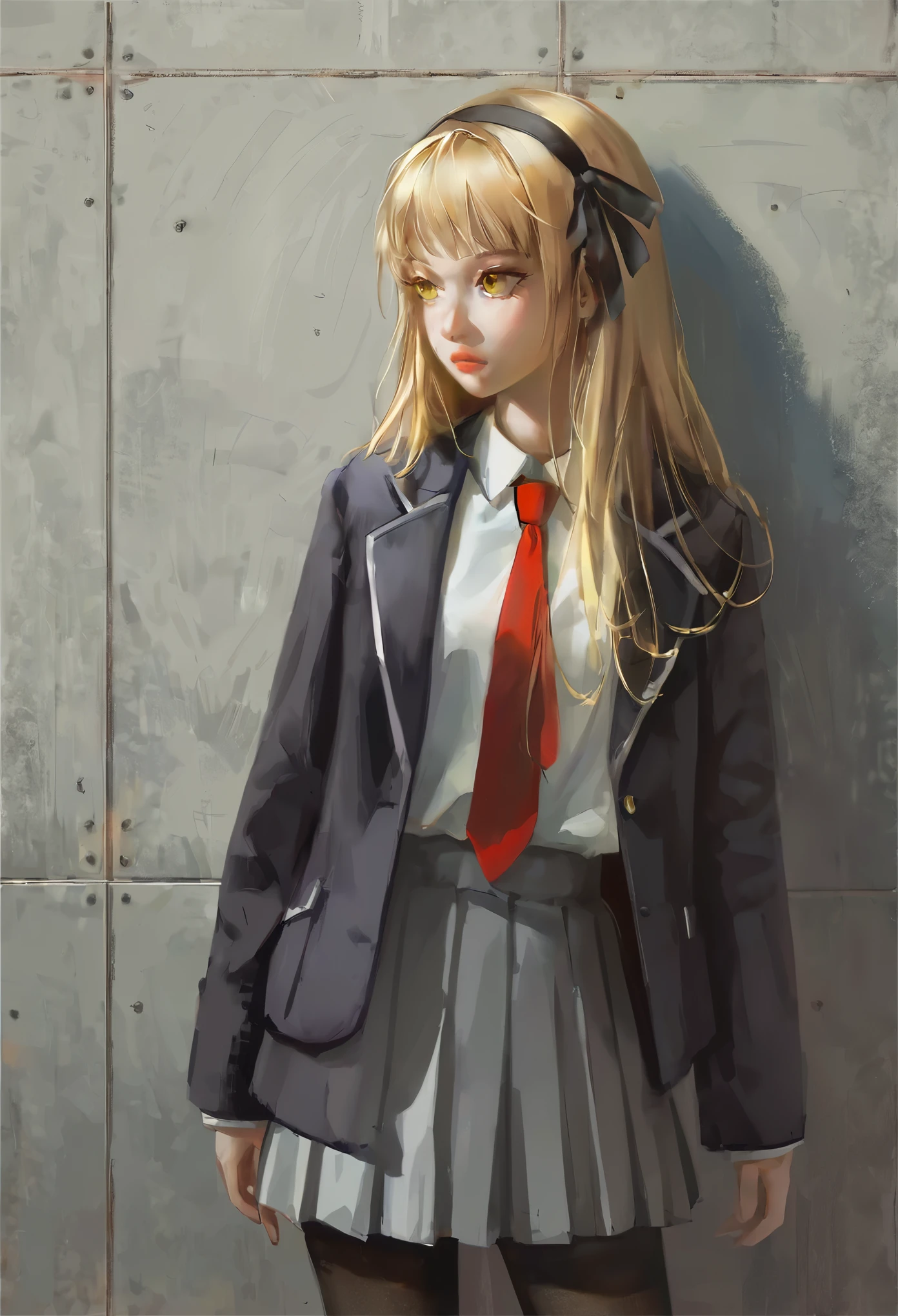 h3l3n, masterpiece, best quality, high quality, hyperrealistic anime painting, anime painting, loose long hair, dramatic diagonal lighting, painterly, realistic painting, soft feature, detailed clothes, detailed, rembrandt lighting, lemon irvine,1girl, solo, blonde hair, red necktie, skirt, long hair , yellow eyes, ribbon, hairband, hair ribbon, black pantyhose, shirt, black coat,black robe, school uniform, white shirt, upper body,close up,
