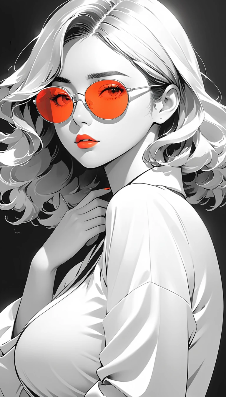 masterpiece，best quality，detail，Perfect composition，Excellent quality，HD Wallpapers，A young woman wearing crimson sunglasses，Big and round breasts，illustration，Anime aesthetic style，I can't believe how beautiful it was，Black Pearl and Mint，Monochrome minimalist portrait，Pop artistic sense，whole body，Dynamic，Solitary，Posing with hands on chest，