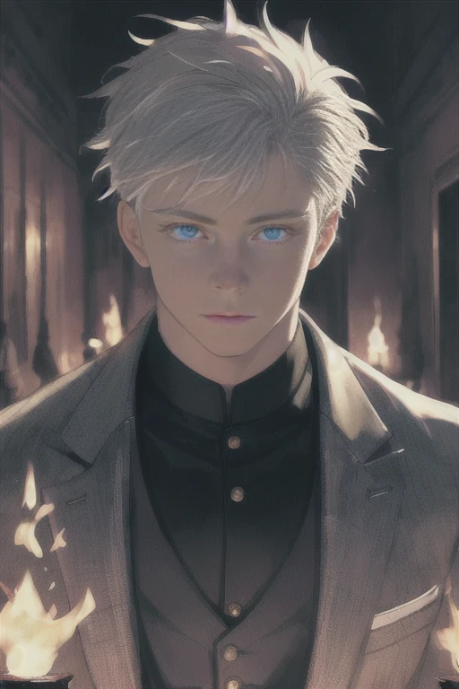 (Highest quality:1.3), cinematic shot, masterpiece, (sharp focus:1.5), (photorealistic:1.3), 1boy, medium portrait of (gojo saturo, standing, deadly blue eyes ,super detailed, highlighted white hair, wearing black formal suit, a few torches burn on the walls, giving , but sculpting the forms in sharp chiaroscuro), it is night time, (highly detailed skin), (detailed face),(portrait),(calm body gesture), detailed background, dark lighting, twilight lighting, volumetric lighting, intricate details, UHD, 8k,colorful illustration,(front view).