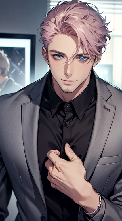 (best quality,4k,8k,highres,masterpiece:1.2),ultra-detailed,(realistic,photorealistic,photo-realistic:1.37),1 man,31 years old,mature man,very handsome,without expression,smile,short grey pink hair,blue eyes,penetrating gaze,perfect face without errors,imposing posture,businessman,office background,cinematic lighting,hdr image