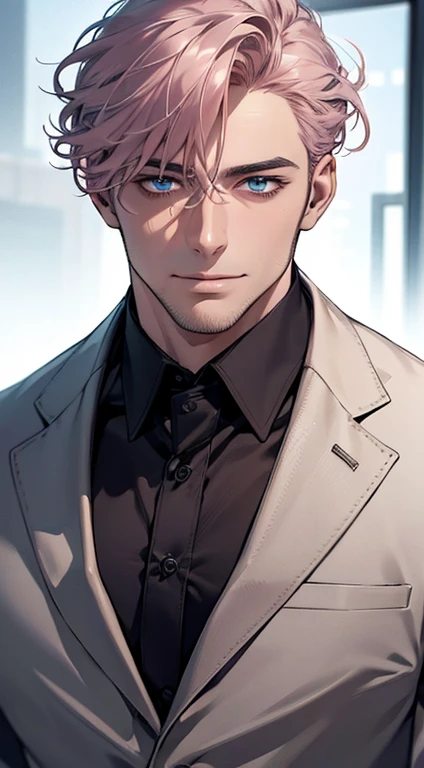(best quality,4k,8k,highres,masterpiece:1.2),ultra-detailed,(realistic,photorealistic,photo-realistic:1.37),1 man,31 years old,mature man,very handsome,without expression,smile,short grey pink hair,blue eyes,penetrating gaze,perfect face without errors,imposing posture,businessman,office background,cinematic lighting,hdr image
