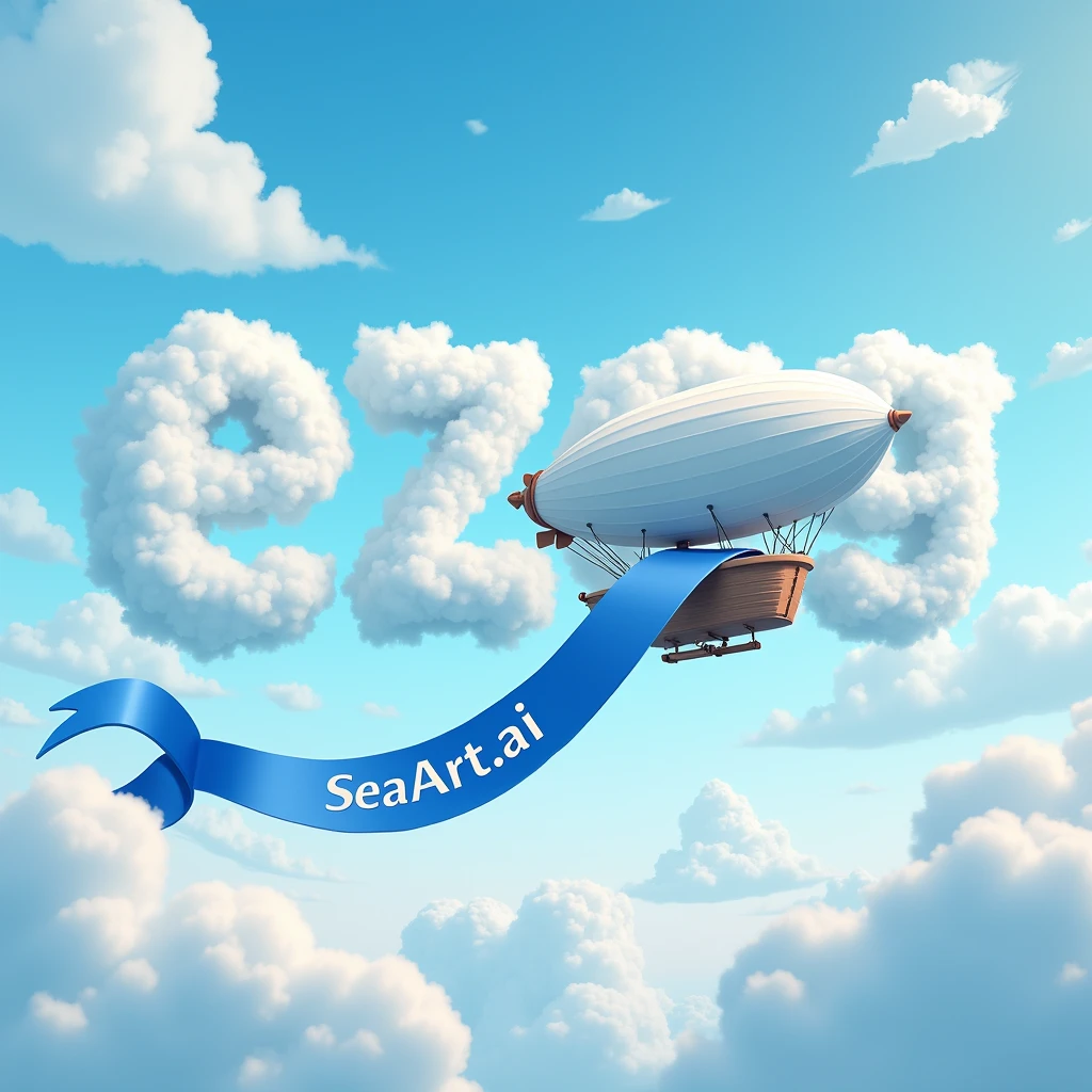 A cloudy sky, clouds that form the text "ezgg" and there is an airship that pulls a big blue ribbon that says: "SeaArt.ai"