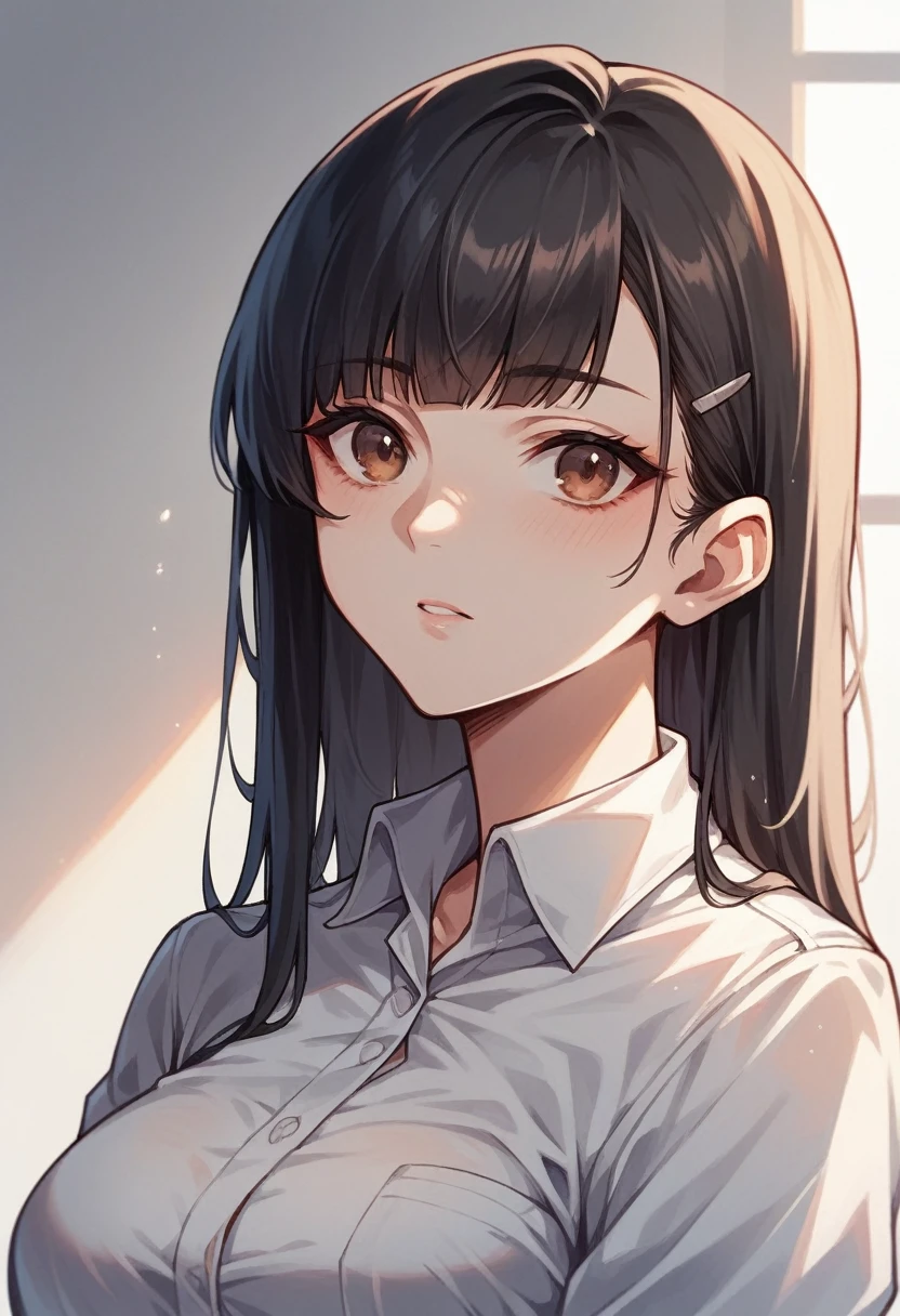 A female sales representative with long straight black hair and brown eyes wearing a white dress shirt