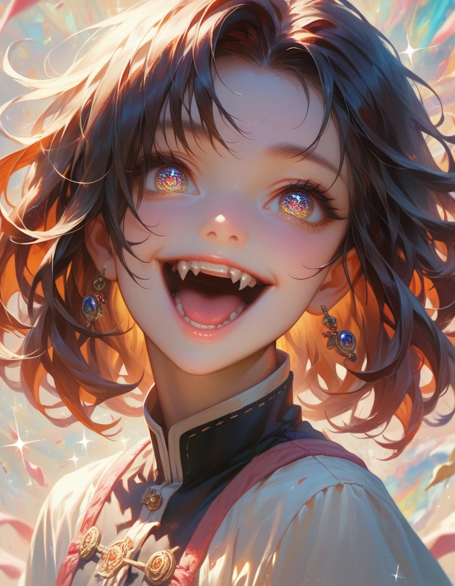 ((masterpiece, best quality)), highres, 8k, cinematic light, high contrast, depth of field, intense glow, detailed background, 1girl, cute, detailed eyes, sparkle in eyes, detailed iris, grin, stylized, open mouth, fang,