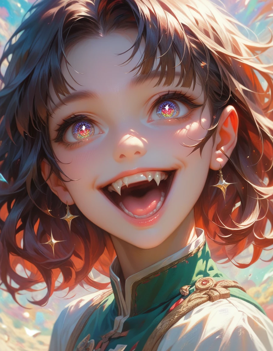 ((masterpiece, best quality)), highres, 8k, cinematic light, high contrast, depth of field, intense glow, detailed background, 1girl, cute, detailed eyes, sparkle in eyes, detailed iris, grin, stylized, open mouth, fang,