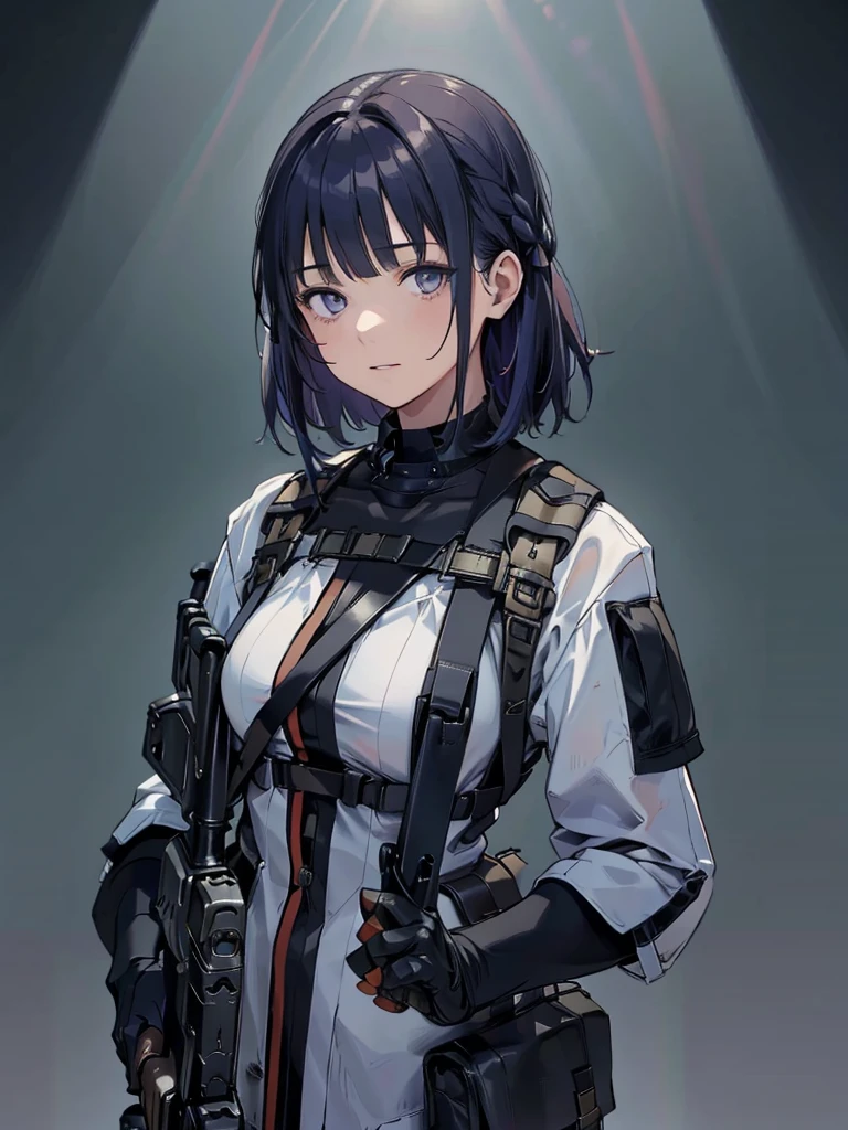 holding_gun, assault_rifle,  RPK-16, Carry a sniper rifle on your back,Shooting guns, Hair is blue, In the spotlight, The background is a dark and desolate landscape, Horror movie atmosphere. Her figure is very beautiful, Emphasizing the dark and crazy elements. Skillfully expressing the effects of light and shadow, detailed, The face and expression of the black costume are also carefully drawn.....,(Tilt your head:1.2), ([sketch|watercolor \(Moderate\)]:1.15),Chaotic abstract background, Vector Trace, Gradient blending and whole body, Artistic elements add depth to the work. The overall atmosphere is creepy and nightmarish....., With a unique artistic touch. This movie is、The dark and crazy world of horror movies depicted in HD., Evoke visual stimuli and aesthetic sense,((masterpiece_Portraiture)),(beautiful girl),(Pixiv),(Fantasy)