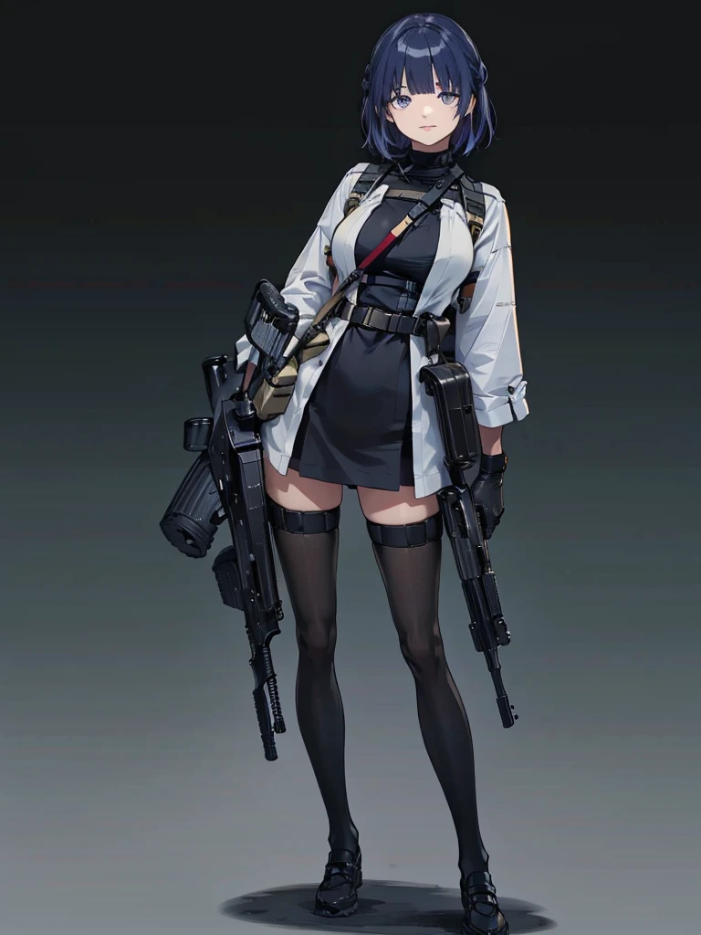 holding_gun, assault_rifle,  RPK-16, Carry a sniper rifle on your back,Shooting guns, Hair is blue, In the spotlight, The background is a dark and desolate landscape, Horror movie atmosphere. Her figure is very beautiful, Emphasizing the dark and crazy elements. Skillfully expressing the effects of light and shadow, detailed, The face and expression of the black costume are also carefully drawn.....,(Tilt your head:1.2), ([sketch|watercolor \(Moderate\)]:1.15),Chaotic abstract background, Vector Trace, Gradient blending and whole body, Artistic elements add depth to the work. The overall atmosphere is creepy and nightmarish....., With a unique artistic touch. This movie is、The dark and crazy world of horror movies depicted in HD., Evoke visual stimuli and aesthetic sense,((masterpiece_Portraiture)),(beautiful girl),(Pixiv),(Fantasy)