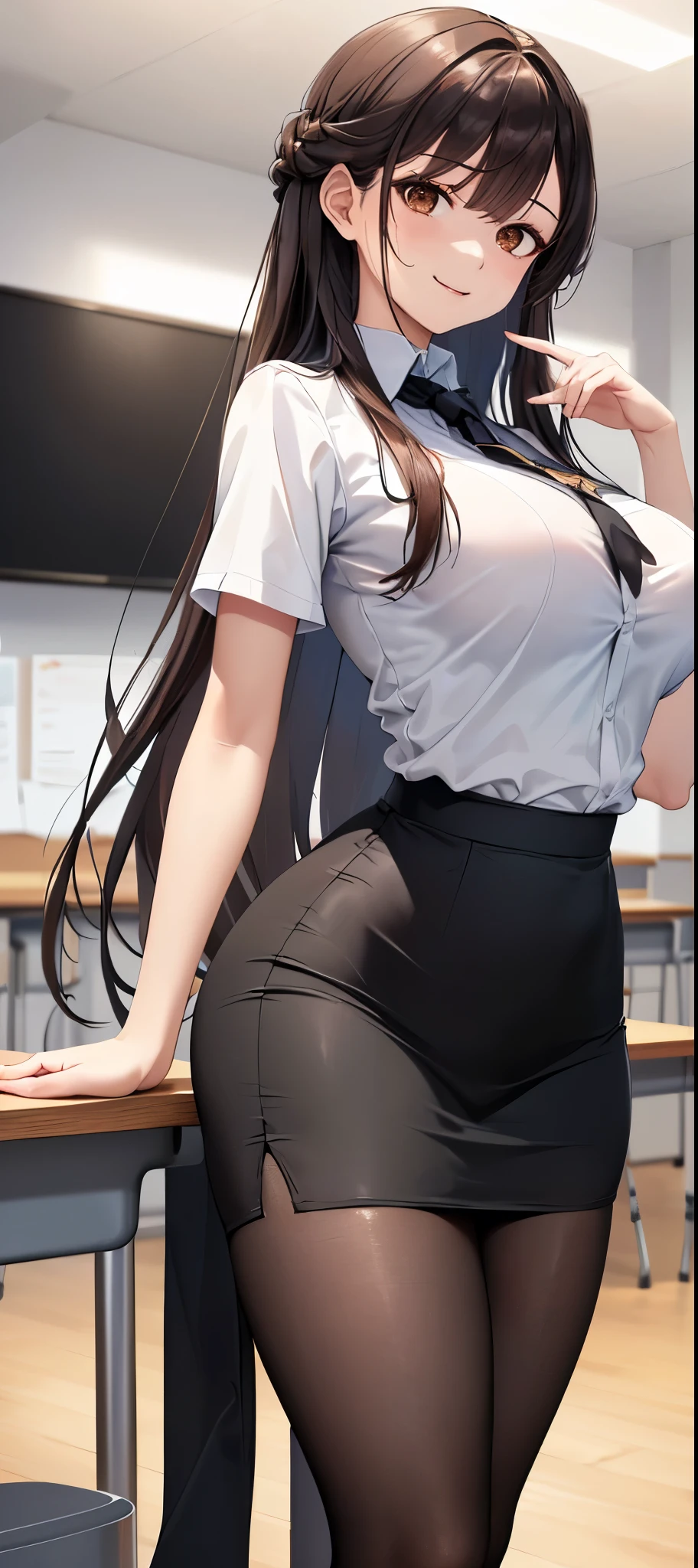 1girl, office, shirt, (angry), ((hourglass figure)), black tights, (from below), looking at viewer, ((thick thighs)), ((pussy))