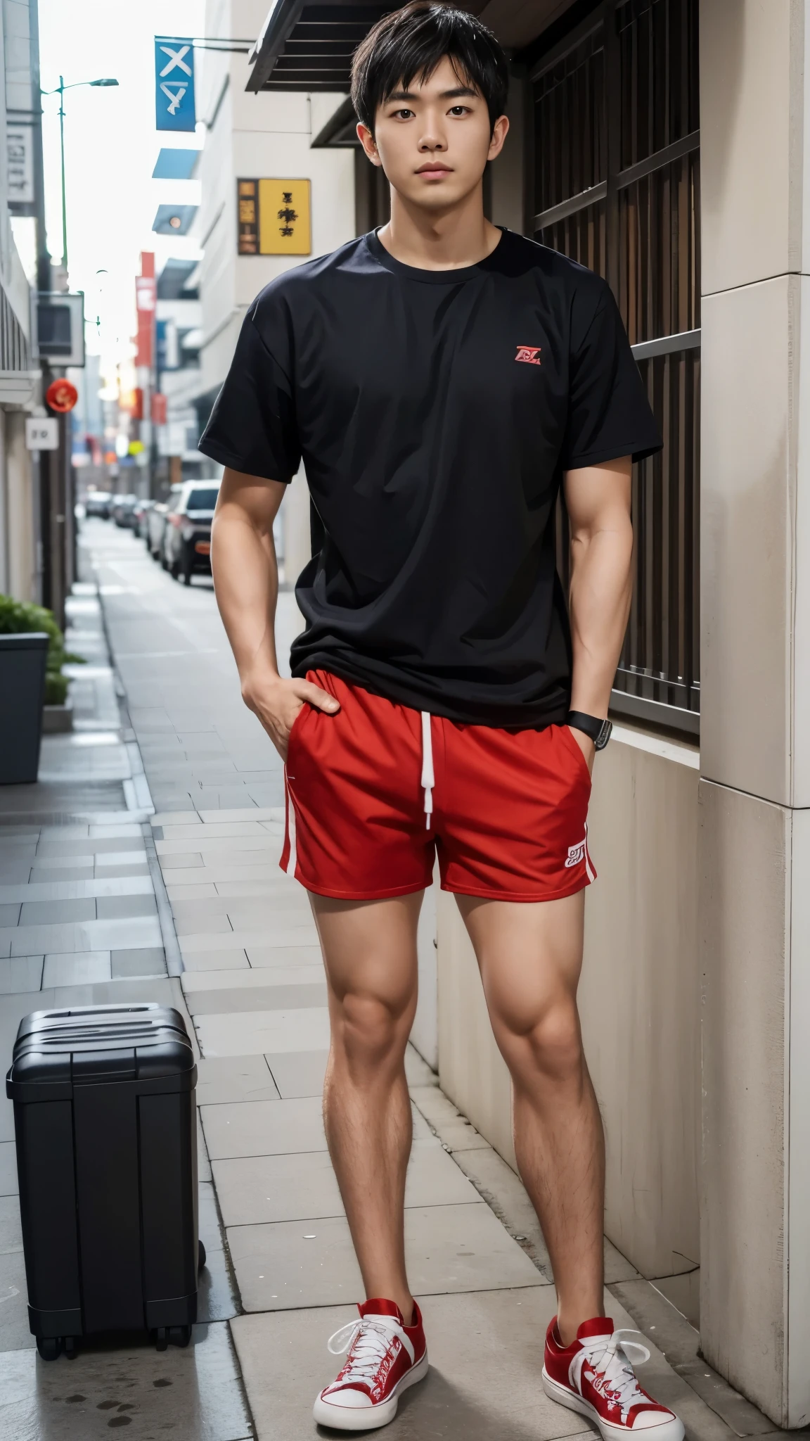 Japanese man in his 20s ,
Wearing shorts,
junk in his shorts,
Wearing sports wear,
(Hairy legs) , (full body),
Tan Skin,
muscular legs,
Red sneakers