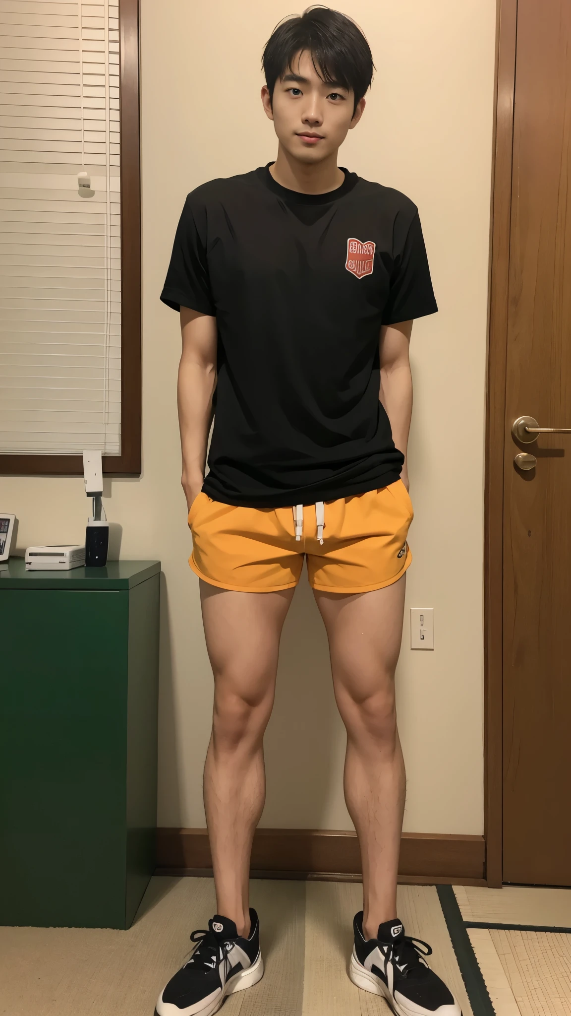 Japanese man in his 20s ,
Wearing shorts,
junk in his shorts,
Wearing sports wear,
(Hairy legs) , (full body),
Tan Skin,