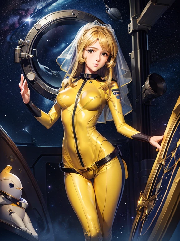 (masterpiece, best quality:1.2), (Wearing a wedding veil, marriage proposals:1.2), (cowboy shot:1.1), awesome solo, 1girl, mori yuki, slight smile, looking at viewer, blonde hair, thigh gap, (skin tight yellow bodysuit:1.4), Leaning back, yellow bodysuit, skin tight, belt, Elegant body, (large starship porthole:1.3), from front, (spread legs:1.1), ((Floating in the air:1.2)), starship interior, (outer space view:1.3), (night, moon:1.4, stary sky:1.3), milky way, (((very beautiful view of space:1.3))), high quality texture