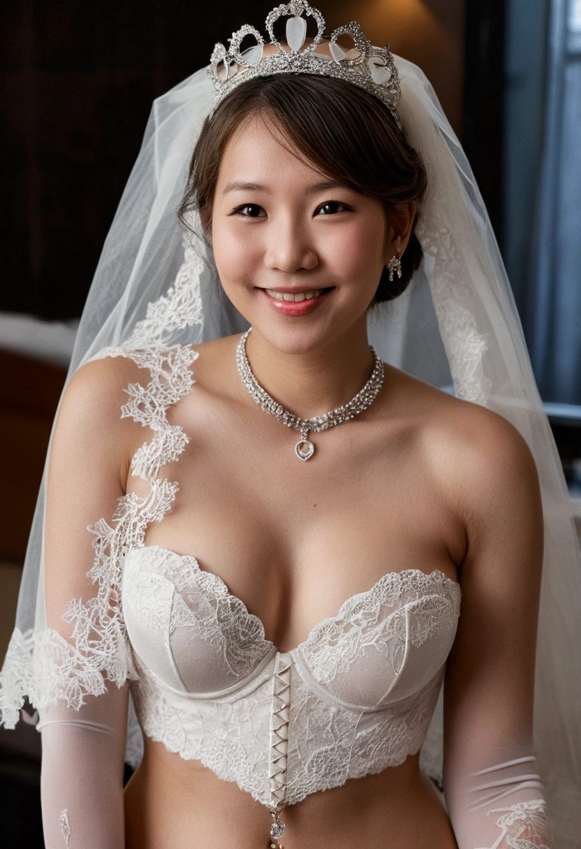 Jo_di, (front facing), (full view), ring light, RAW format high quality photograph, Fujifilm X-E4, Fuji 75mm f1.2 lens, (eyeshadow:0.9), (pink lipstick:0.8), (innocent smiling face:1.2), ((wearing bridal tiara with white veil attached)), ((wearing white high heels)), ((wearing white lace stockings)), ((wearing white topless bridal corset)), ((wearing diamond necklace)), (((nude body))), (((nude breasts))), (((nude hairy vagina))), (((covered with cum))), sex aftermath, large breasts, (slim with thick hips)