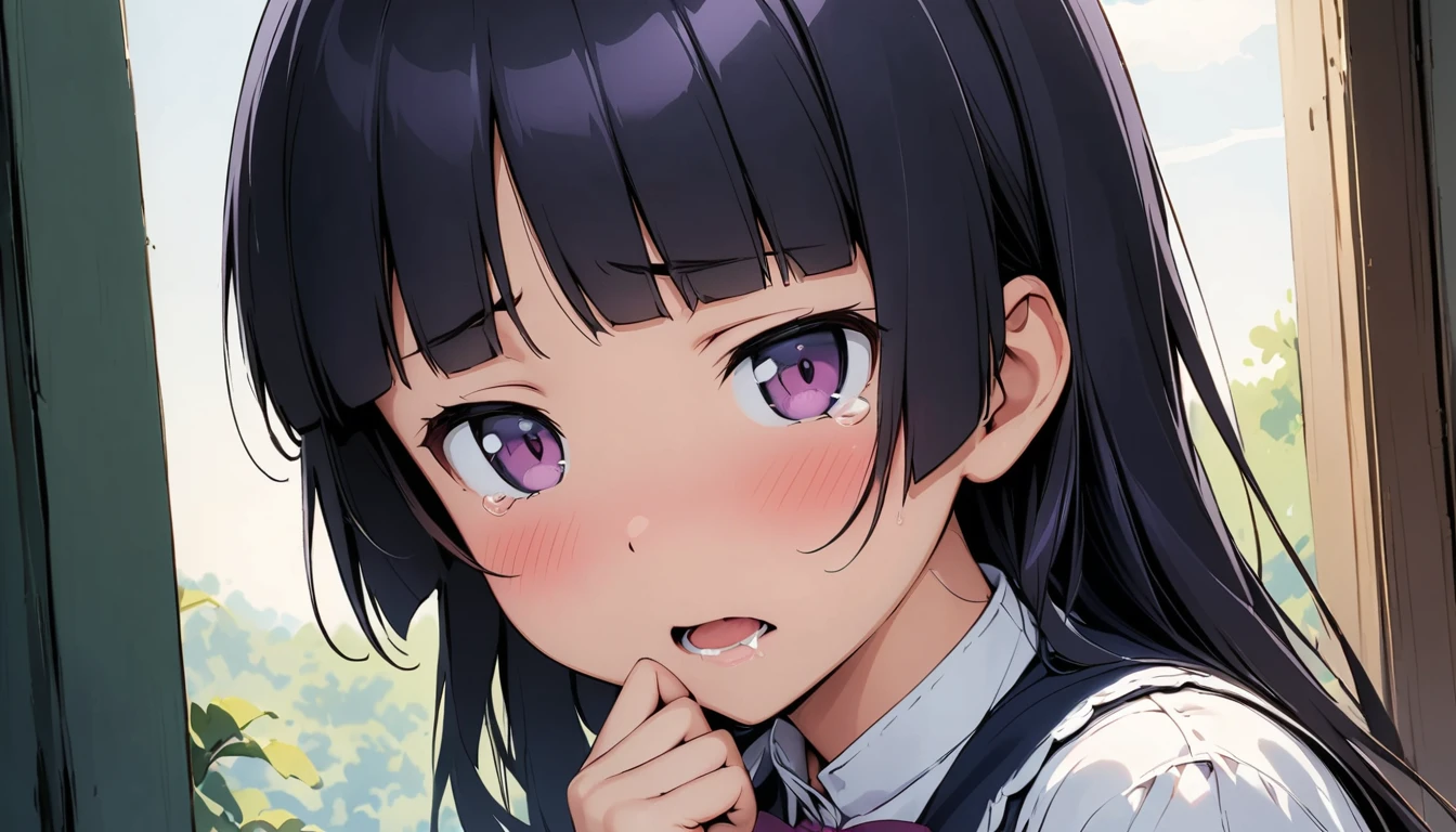 beautiful detailed eyes, purple eyes,(tareme), (1girl, gokou ruri, ore no imouto ga konna ni kawaii wake ga nai), (opened mouth), nsfw, curvy, Slender, (close-up mouth), Highest quality, Super detailed, masterpiece, Ultra-high resolution, 8k, Embarrassing, blush, Lovely, (With tears in her eyes and her mouth open), Sticky saliva