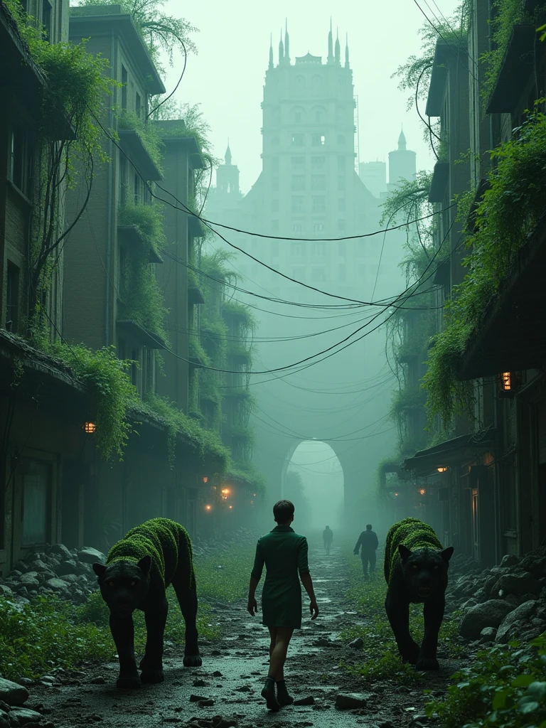 Large format 8k quality photo of teared down arkham city, destoyed by deadly poisonous ivy vines and plants looking like panthers, dystopic cinematic lighting, shot on ARRI ALEXA 65 with 50mm lens