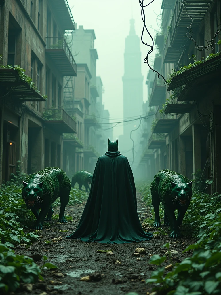 Large format 8k quality photo of teared down arkham city, destoyed by deadly poisonous ivy vines and plants looking like panthers, dystopic cinematic lighting, shot on ARRI ALEXA 65 with 50mm lens