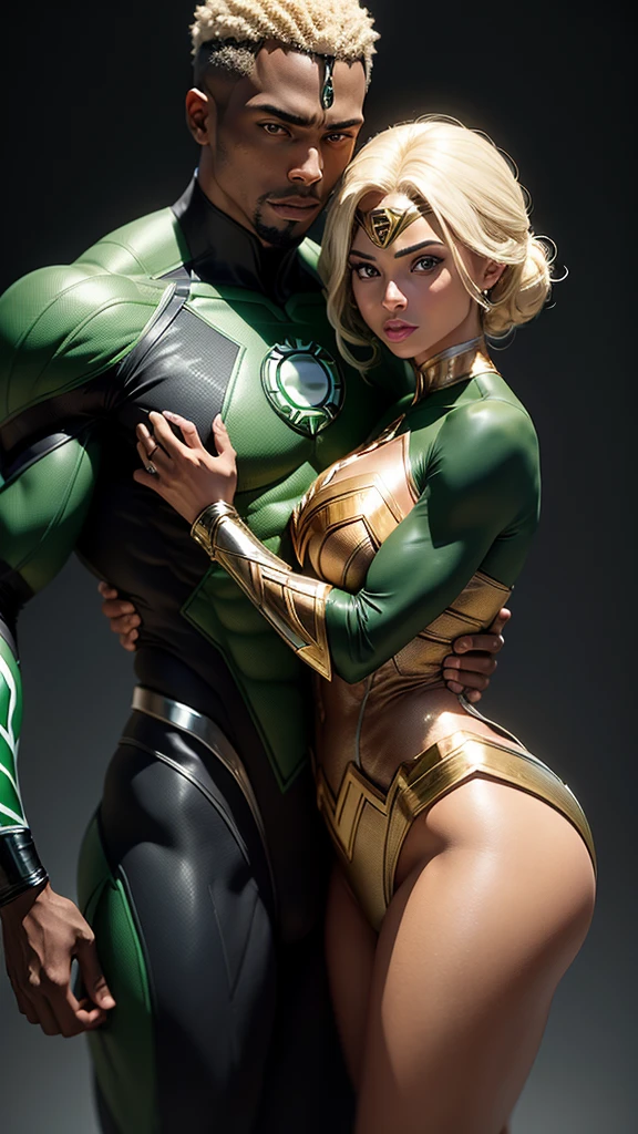 African American black man, presumptuous, using green galeco, green lantern costume, hugging a blonde woman from behind who is wearing Wonder Woman costume from DC comics in detailed CGI style, anatomy of bodies 
