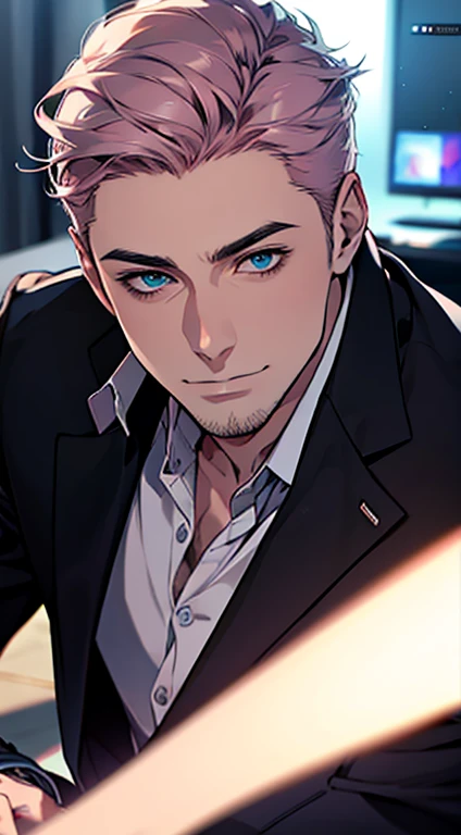 (best quality,4k,8k,highres,masterpiece:1.2),ultra-detailed,(realistic,photorealistic,photo-realistic:1.37),1 man,31 years old,mature man,very handsome,without expression,smile,short grey pink hair,blue eyes,penetrating gaze,perfect face without errors,imposing posture,businessman,office background,cinematic lighting,hdr image
